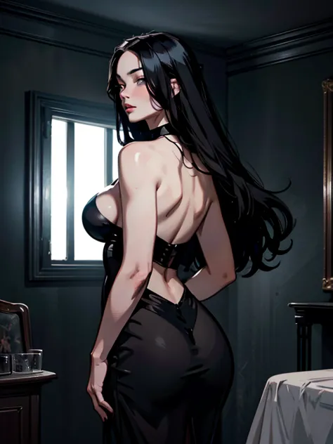 morticia addams, wearing tight transparent black dress cleavage showing, pale white skin, black hair, beautiful detailed eyes, l...