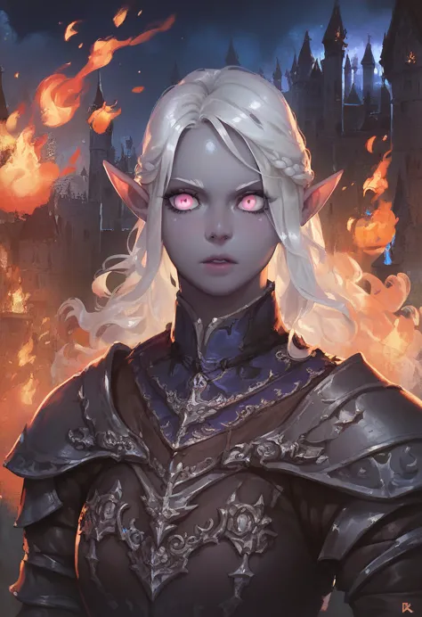 ((best quality)), ((masterpiece)), (detailed), 1 elf girl, portrait, , gray skin, glowing pink eyes, dark fantasy, night, fire, ...