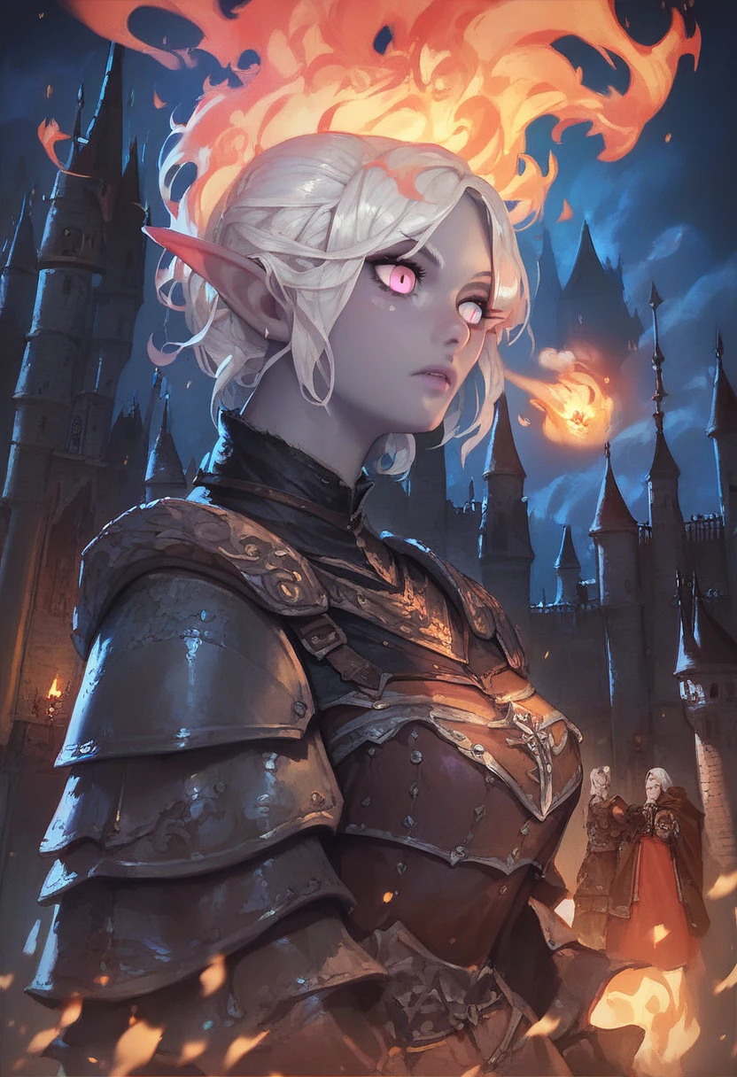 ((Best quality)), ((masterpiece)), (detailed), 1 elf girl, portrait, , gray skin, glowing pink eyes, dark fantasy, night, fire, aura, dark fantasy, medieval, white hair, night, castle, style Lady Eboshi, european,darkness, micro penis, small balls