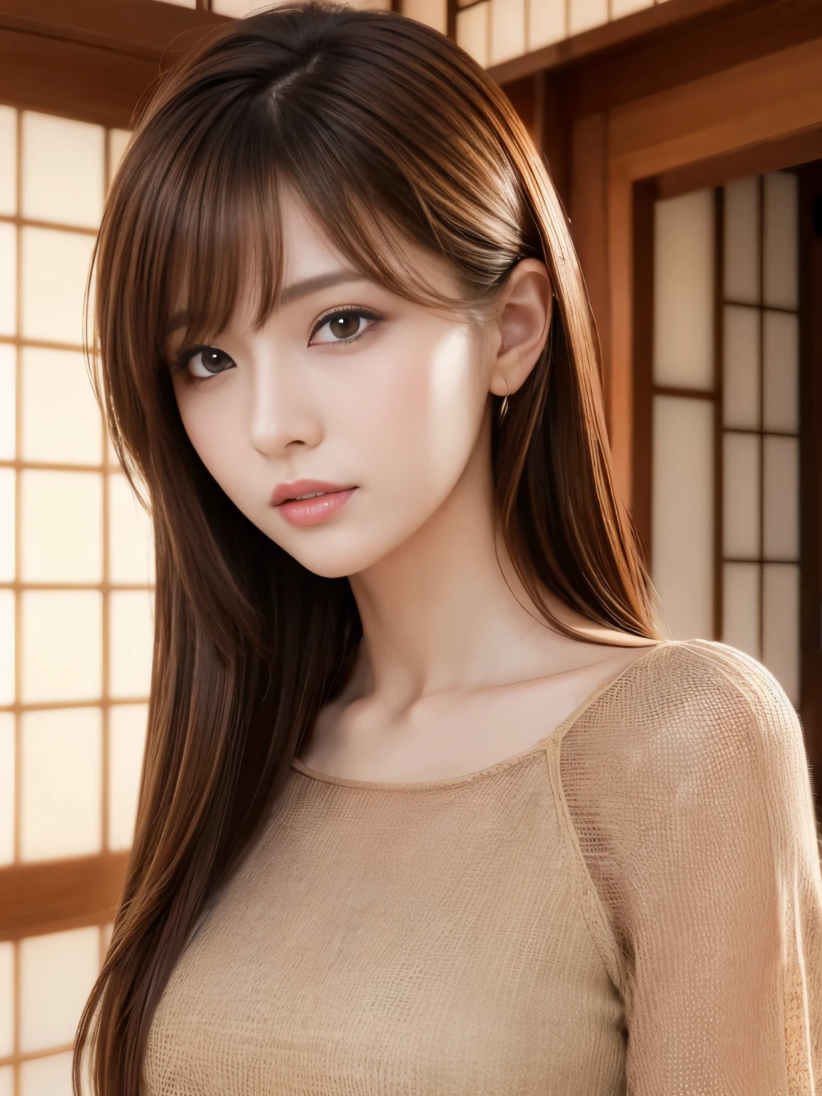 Ultra High Definition, Superior Quality, Premier Quality, ultra detailed, Photorealistic, 8k, RAW Photos, highest quality, masterpiece, Attractive girl, Stunning girl, Brown Hair, Shoulder Length Layered, Mesh Hair, Japanese Idol, Sophisticated, Stylish, blouse,