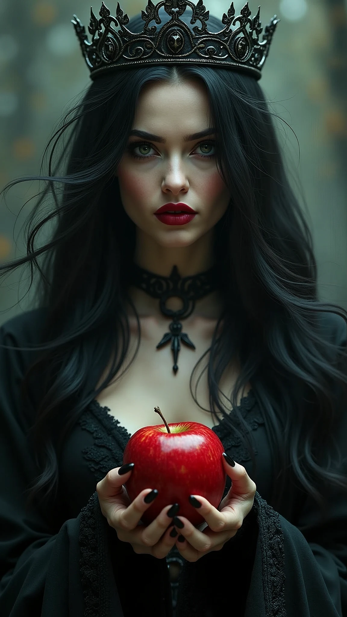 Girl,Black long hair，Black Queen，accessories，Apple in hand，Poison apples，Witch Queen，Red lipstick