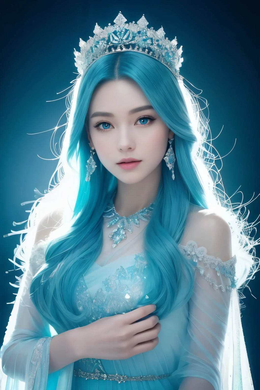 The Iceberg Queen is tall.、beautiful looking woman。She&#39;s got ice blue hair，It&#39;s like winter ice，Gives off a mysterious and cold aura。Her hair is soft and silky，Clear as ice and snow，Each emits a faint blue light.。
The queen&#39;s face is elegant，My eyebrows are curved like the moon，slightly pursed lips，Exuding pride and confidence。A face like a melon is white as snow，Soft and smooth，It&#39;s like a carefully crafted work of art.。Those eyes were deep and clear，It&#39;s like a turquoise puddle，Demonstrates wisdom and determination。
Iceberg queen wearing a gorgeous and elegant long dress，The skirt is made of royal blue chiffon material..，light and elegant。The skirt features a delicate pleated design.，Like falling snowflakes，It seemed as if an enchanting landscape had formed behind her..。
Her body is covered in an array of delicate silver jewellery..，radiates ice light，It goes well with ice blue hair.。The Queen wears a blue sparkling diamond ring on her finger..，Please make her more noble and elegant.。
The environment where the Iceberg Queen is located seems to perfectly depict the world of ice and snow..。Surrounded by rolling glaciers and towering snow-capped mountains.，the sun shines on the snow，The whole surroundings are filled with bright light.。The cold wind is blowing gently，Bring some coolness，But this does not in any way diminish the queen&#39;s dignity and temperament..。
generally，Iceberg Queen with ice blue hair、noble and elegant appearance、Gorgeous makeup and costumes，And the purity and mystery of the ice and snow world surrounding her.，You can&#39;t ignore her presence.。