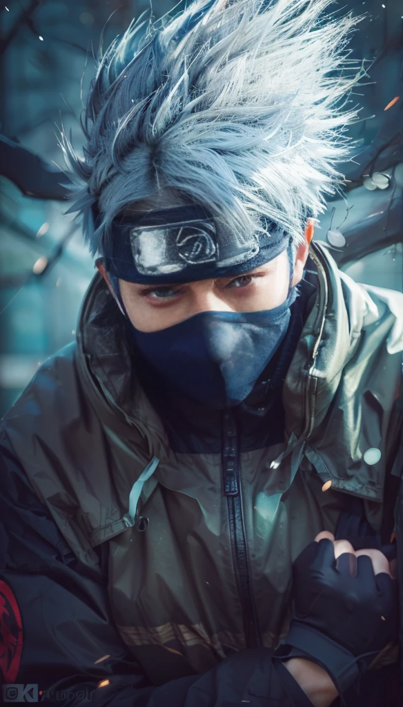 Close-up of a person wearing a mask and face mask., kakashi hatake, kakashi, Anime Badass 8K, Anime Style 4 K, anime wallpaper 4k, anime wallpaper 4 k, anime wallpaper 4k, Naruto art style, manga wallpaper 4 k, anime wallpaper 4k konachan ที่ดีที่สุด, shinobi, Realistic anime style