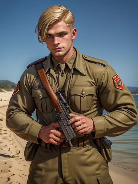 adult man, blue eyes, ww2 soldier, hairstyle blonde hair, holding a garand m1, in pacific khaki uniform