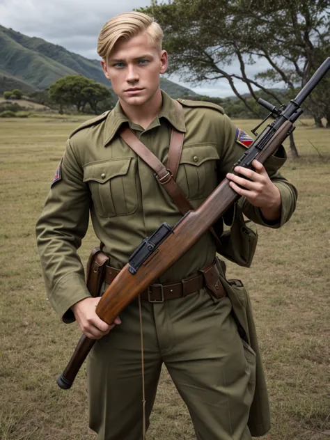 adult man, blue eyes, ww2 soldier, hairstyle blonde hair, holding a garand m1, in pacific khaki uniform