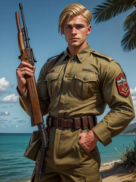 adult man, blue eyes, ww2 soldier, hairstyle blonde hair, holding a garand m1, in pacific khaki uniform