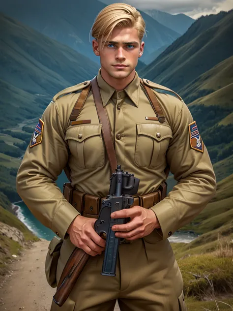 adult man, blue eyes, ww2 soldier, hairstyle blonde hair, holding a garand m1, in pacific khaki uniform