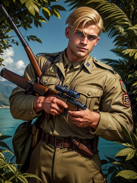 adult man, blue eyes, ww2 soldier, hairstyle blonde hair, holding a garand m1, in pacific khaki uniform