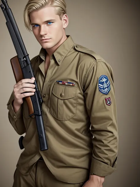 adult man, blue eyes, ww2 soldier, hairstyle blonde hair, holding a garand m1, in pacific khaki uniform