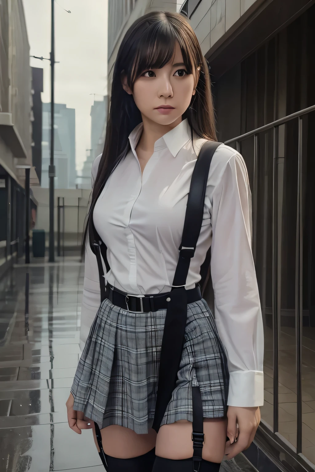 1 female, , high quality, masterpiece, Ultra-high resolution, Cinema Lighting, 1 female, , high quality, masterpiece, Ultra-high resolution, , Cinema Lighting, suspenders　　　Moderate breasts　 　 　　　　　 　　　　Small face　 　　　　　　　　　　　Looking up　　　　Sweat 　　　Thin belt　buzzer　脇Sweat 　　　　 　Garter belt　　Belt on pants　　holster　 　　Hands behind your back　 　Looking up　Anxious face　Knee-high　Knee socks　Knee-highソックス 　garter　ふとももにGarter belt　Checkered mini skirt　 　　Panty shot　Skirt gap Armament　　　holster　holster 　　Hands behind your back　 Anxious expression　　Anxious face, legs apart　Armament　　Leg holster　holster　See-through clothing　heavy rain　Rain-soaked dress shirt,