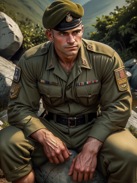 a close-up of a man in military uniform sitting on a rock, world war 2 portrait photo, military photography, closeup portrait ph...