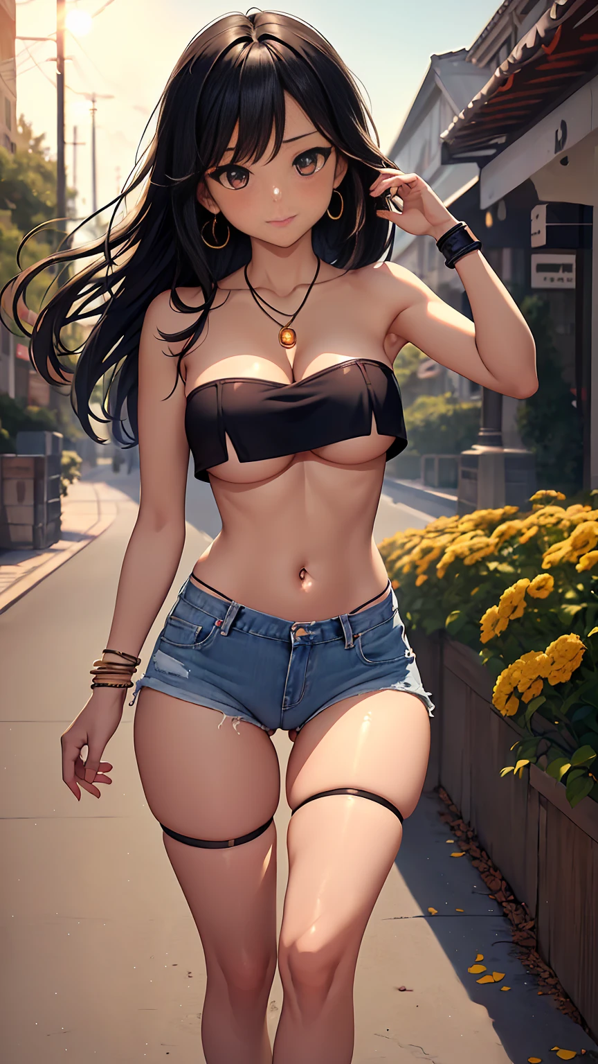 1girl, anime girl, anime, (dark skin), bracelet, necklace, earrings, 2d girl, 18y, (fullbody), anime girl, seductive smile, (black hair), flowing hair, hair flowing in the wind, ((micro,tube top,strapless)), ((underboob view)), cleavage, Solo, Slim, Big Breasts, Tight Shorts, low waist shorts, upshorts, outdoors, night background, flowers, looking at viewer, darker shadows, (((explicit))), (((short,shorts))), (((absurdres))), (((thigh gap))), (((NSFW))), (((cameltoe))), (((lowleg shorts))), (((sexy))), (((sensual))), (((cameltoe,Detailed description vagina))), (((Micro tube))), (((Tube Top))), (((Strapless)))