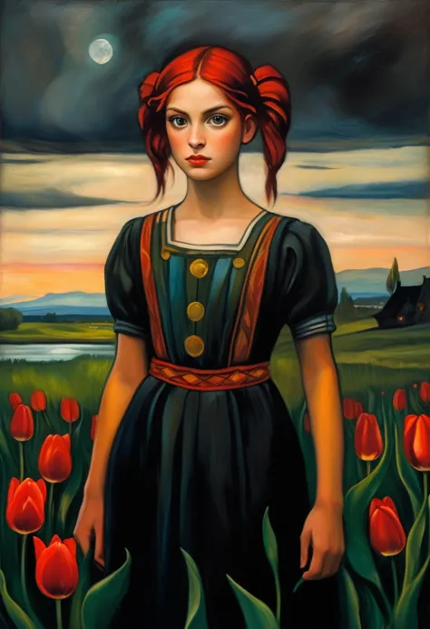 [[(front full portrait: (young hera hilmar with tulips) (solo) with big eyes and a red short hair two pigtails , apple)((edvard-...