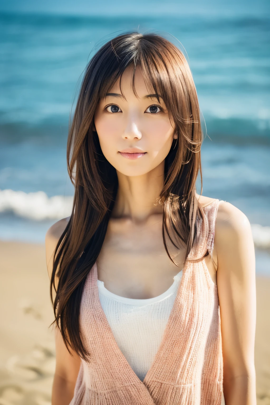 8k, highest quality, masterpiece, super high resolution, (realistic:1.4), RAW Photos, (Film Grain:1.3), One Girl, portrait of a skinny Japanese woman, 30 years old, standing on the beach, a cute face, detailed face, detailed eyes, {short|long} hair, correct body anatomy, photogravure