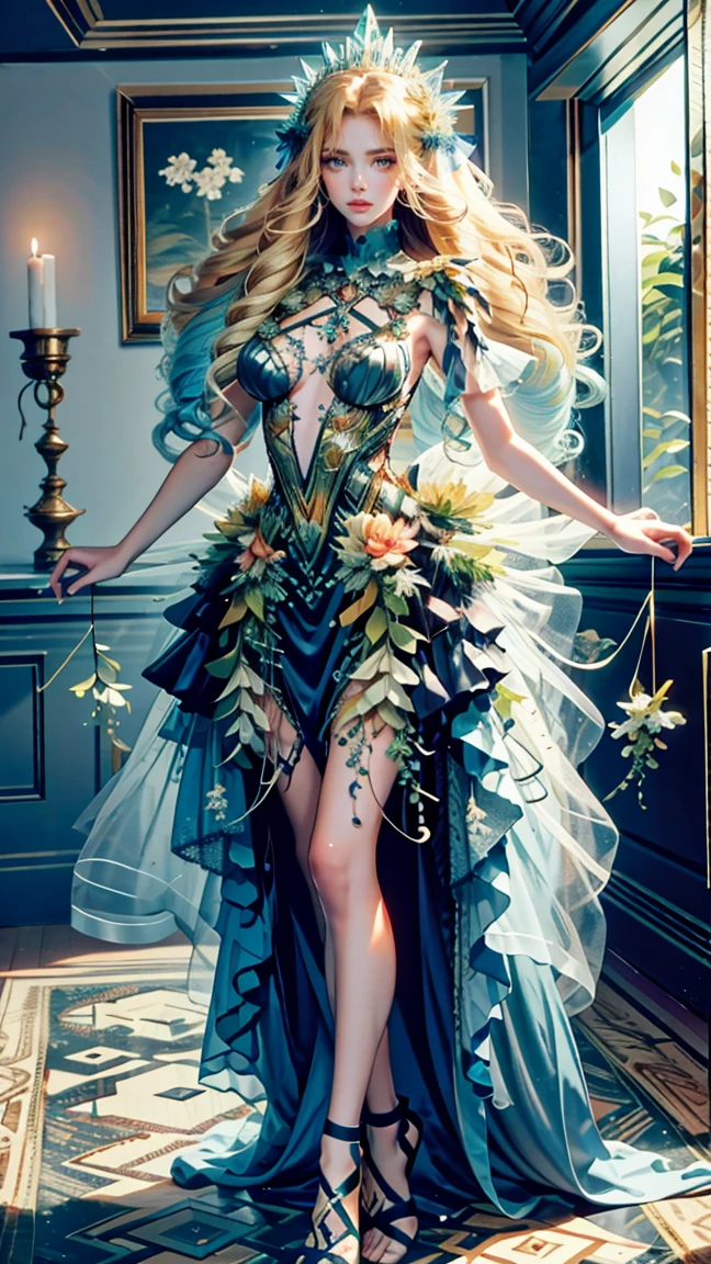 Best quality, masterpiece, ultra high res, raw photo, beautiful and aesthetic, deep shadow, fairy theme,(ultra detailed:1.3),
1girl, standing pose, headdress, drill hair, long hair, blonde hair, gradient hair, yellow eyes, solo, (saggy breasts, gigantic breasts:1.1), big hair, blue hair, divine goddess, looking at viewer, indoors, modern bedroom, room full of curtain, astraea, full body, NSRusalka