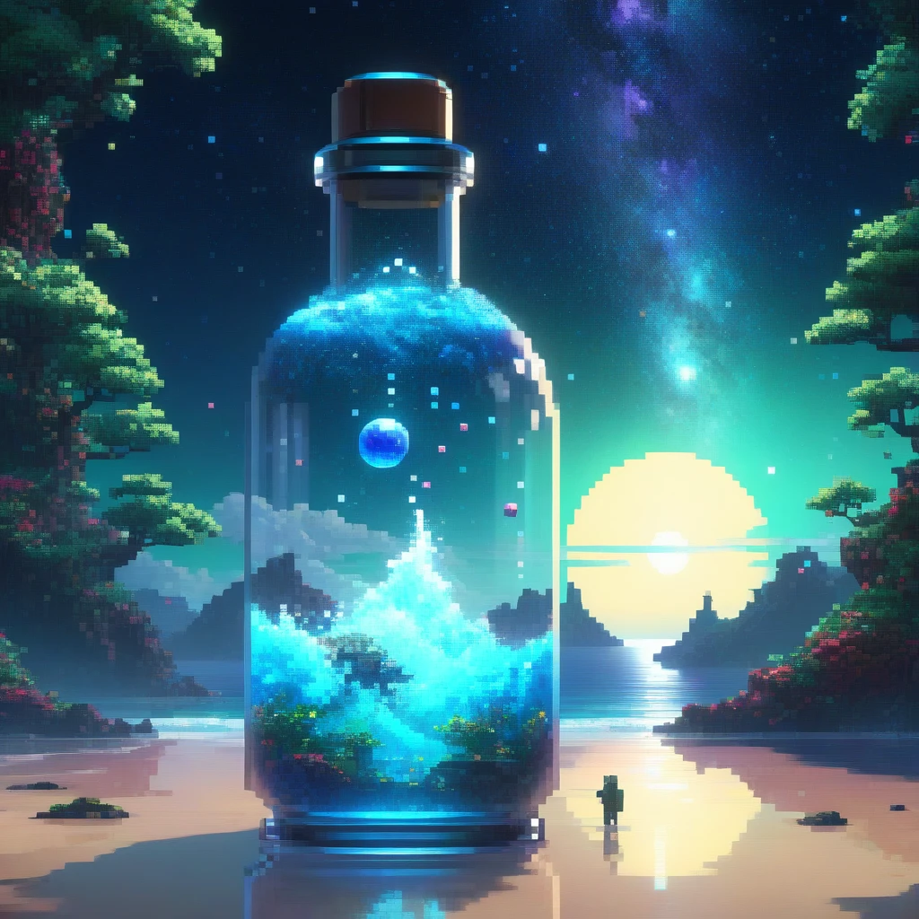 Pixel art, The entire observable universe is in a bottle, dream-like, Surreal Landscape, Mysterious Creatures, Twisted reality, Surrealism静物, (Very detailed油絵:1.2), Glow effect, Divine Light, Hand-drawn, make, 8k, comics, octane make, Cinema 4D, Blender, dark, 大气 4K 超详细, Sensual, Clear focus, Humorous illustrations, Large depth of field, masterpiece, color, 3d octane make, 4K, Concept Art, Popular on Art Station, Surrealism, Vivid color, Very detailed CG ユニティ 8k 壁紙, Popular on Art Station, Popular on CGsociety, Complex, Attention to detail, dramatic, (masterpiece), (Highest quality), (Very detailed), (Unreal Engine), (octane make), (Human Development Report)