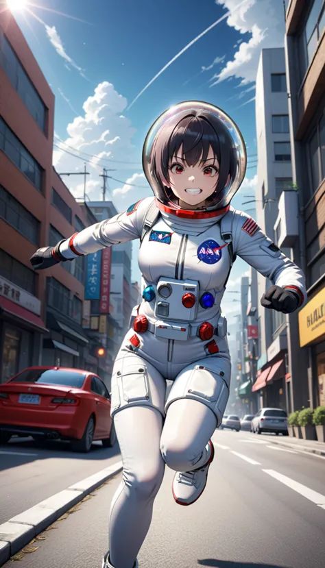 short hair, street, emo, black hair, red eyes, eyeliner, apocalypse, (holding sword), astronaut, fighting stance,  girl,   runni...