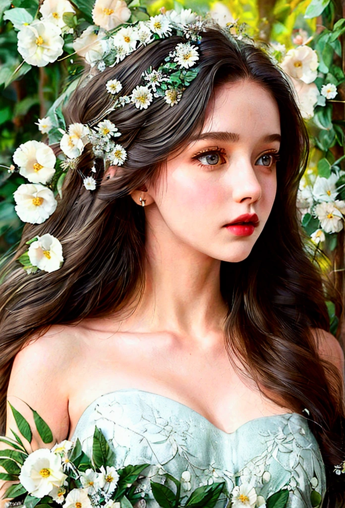 Girl looking down, wind, particle, Intricate and detailed natural backgrounds, bright mood, upper body, (best quality, masterpiece:1.2), 1 woman, detailed eyes, detailed lips, very detailed face, long eyelashes, wind blowing hair, tranquil expression, colorful flowers, lush foliage, sunlight filtering through leaves, warm color palette, soft lighting, cinematic composition, realistic, intricate details