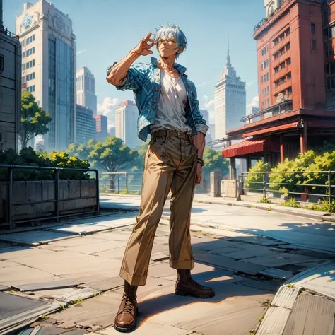 solo character, old man, muscle, full body version, blue half white colour hair, short haircut, casual outfit, brown trousers, b...