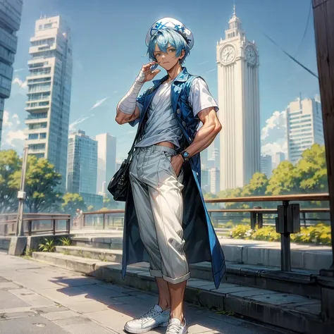 solo character, young boy, muscle, full body version, blue half white colour hair, short haircut, casual outfit, hat, white trou...