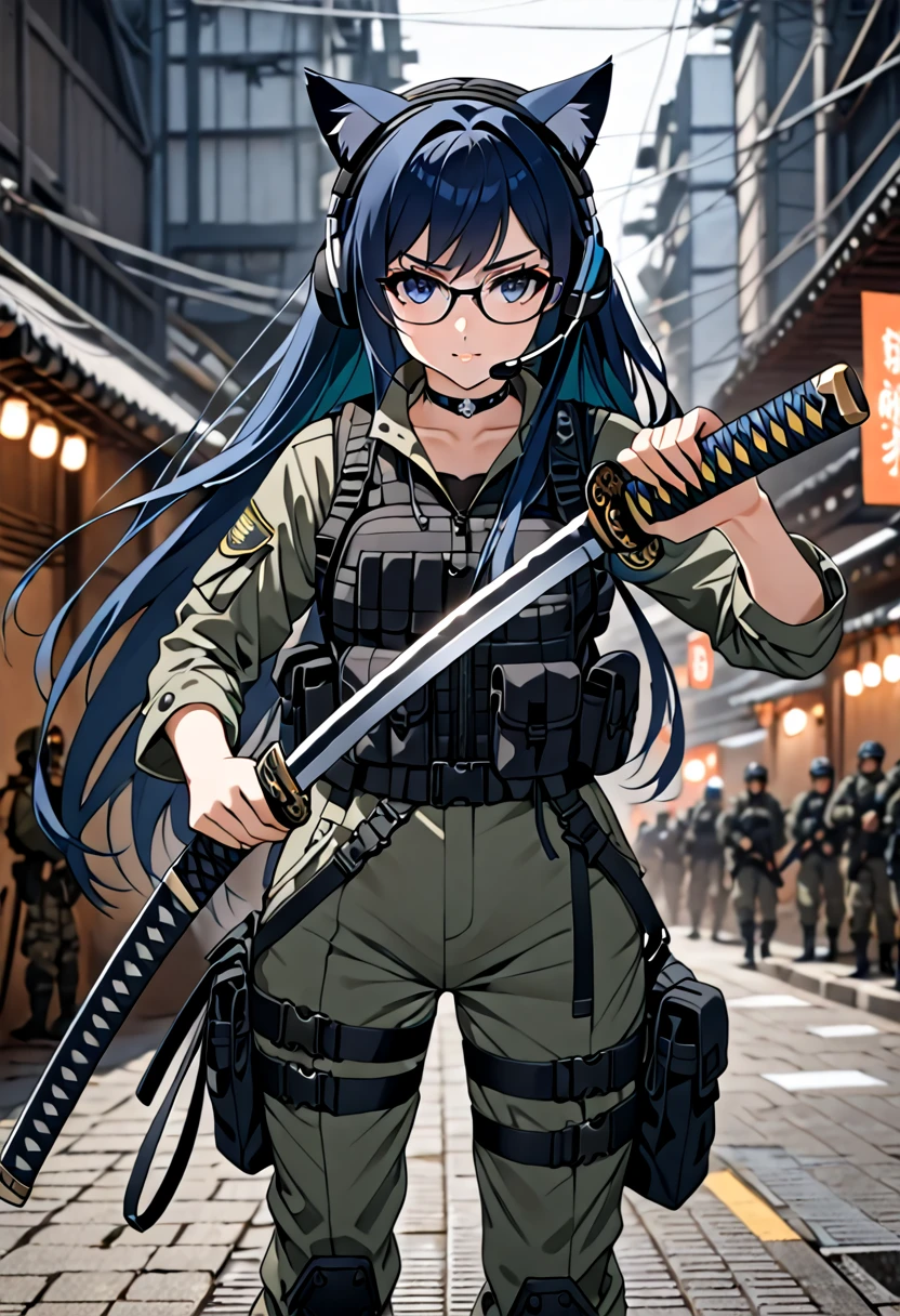 8K Ultra High-Quality, ultra-detailed, High quality, 8K Ultra High-Quality, ultra-detailed, High quality, Dark Blue hair, Long hair, Headset, cat girl, Glasses, Tactical clothes, Military clothes, body harness, two sheathed katana, holding a katana, Looking at viewer, choker, full body, close up, soldier standing right beside her