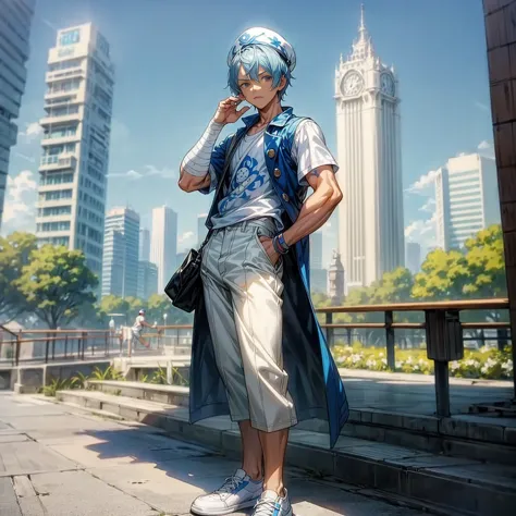 solo character, young boy, muscle, full body version, blue half white colour hair, short haircut, casual outfit, hat, white trou...