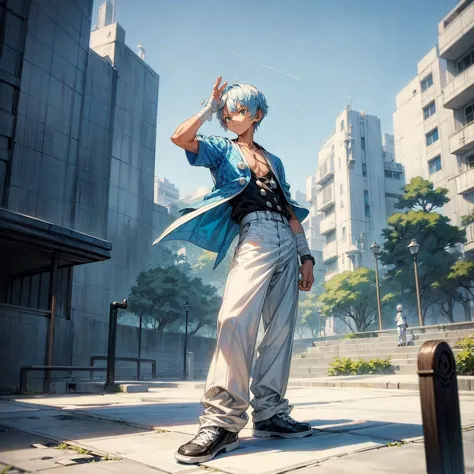 solo character, kid boy, full body version, blue half white colour hair, short haircut, black casual outfit, white trousers, sho...