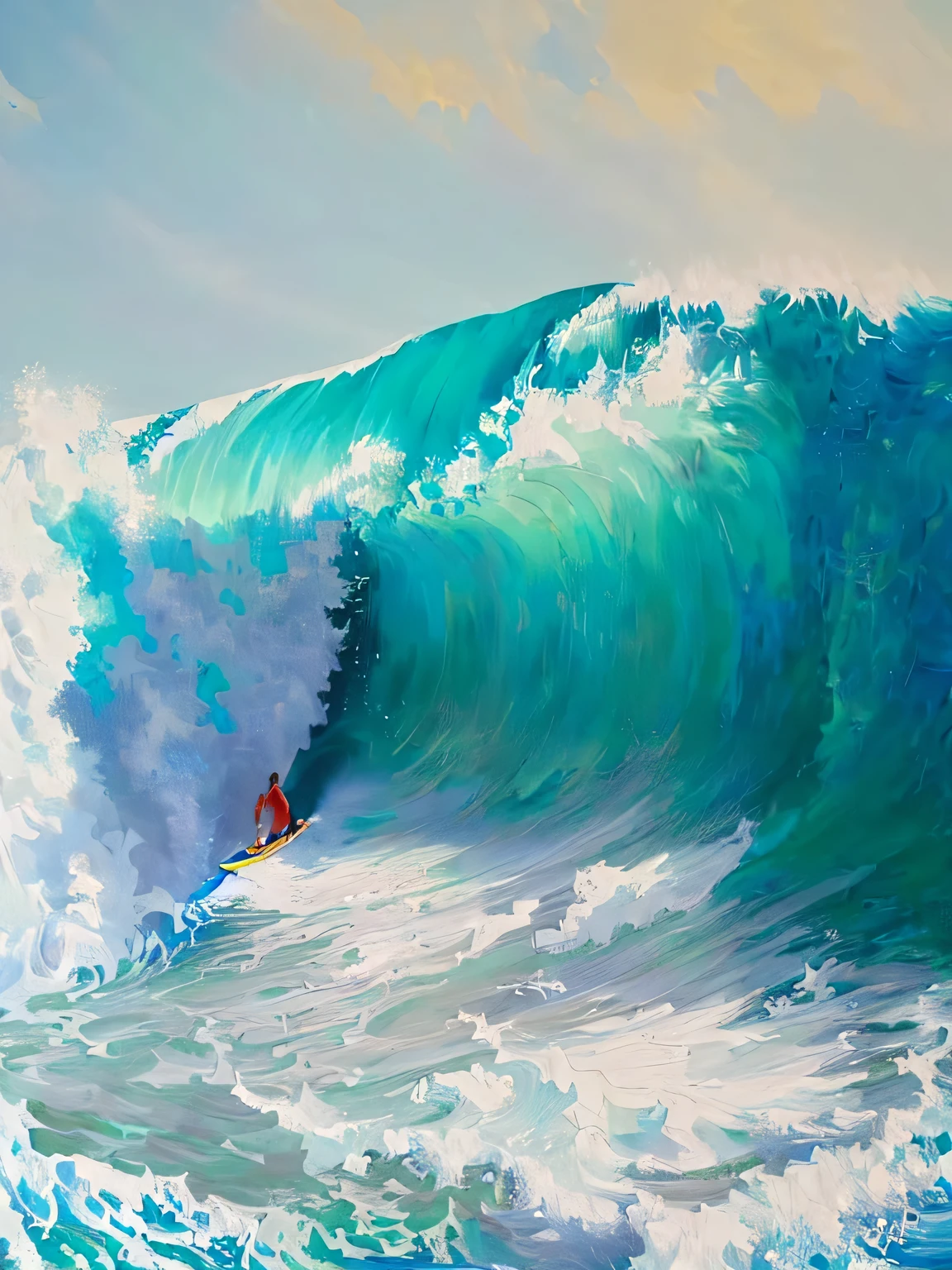 painting of a surfer riding a large wave in the ocean, oil painting a bigger splash, big wave, big wave surfing, an oil painting. wave, big waves, big wave and foam, giant waves, surfing, tube wave, wave breaking, large waves, surfing a barrel wave, ride the wind and waves, towering waves, detailed acrylic painting, great wave