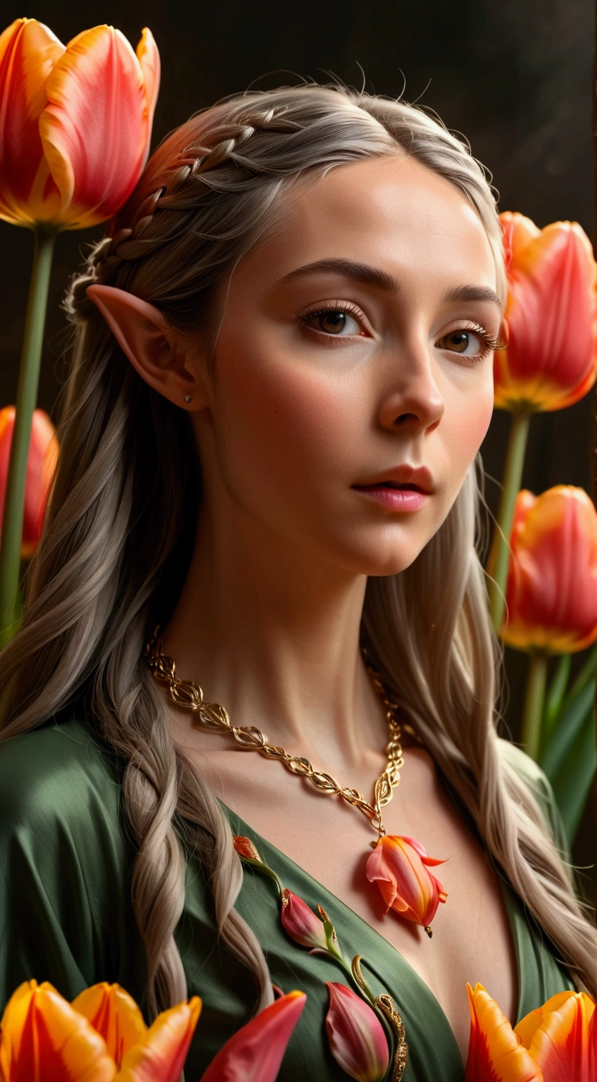 slow photo exposure image of a {1elven stunning pose, pop out from a giant tulip petal, photo_model pose, high collar robe, front head necklace pendant, perfect proportional anatomy, UHD, intricate detailed, 8k, best quality ever, masterpiece, super detailed, unleashed creativity, beyond imagination, dramatic light, gradient motion color background}, rough, massive tulps all over the background, weathered and textured, slow shutter speed motion photography, shot on Fuji Film XT4 camera f/1.5. ISO 200