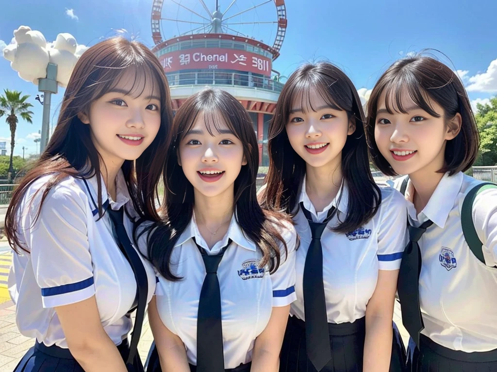 (A super cute Korean schoolgirl takes a commemorative photo with her two beautiful best friends:1.2)(laughing:1.2)(Beautiful Sweat:1.1)(16K, RAW Photos, Highest quality, masterpiece: 1.2),(Her shiny, beautiful black bob hair sways softly in the wind.:1.1) Super detailed, Super Resolution, (Genuine, Genuine photos: 1.37), Portraiture, High-resolution RAW color photos, Professional photos, Very detailed, 8k wallpaper, Very detailed CG Unity 8k wallpaper, Very detailed beautiful girls, Very detailed faces, ((whole body)), beautiful woman, Huge breasts,(huge boobs:1.1) (Big Boobs:1.1), beautiful schoolgirl (Cute school uniforms,School-designated summer short-sleeved shirt＆Blue tie and shirt uniform),high school girl, Korean Girls,(K-POP Female Idols), (Idol-class beauty)(Beautiful high school girl:1.1)(In front of the giant attraction at an amusement park on a sunny day)((16 years old)(Date:1.2)(Group photo:1.2)(NSFW:1.2)See-through