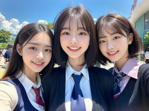 (a super cute korean schoolgirl takes a commemorative photo with her two beautiful best friends:1.2)(laughing:1.2)(beautiful swe...