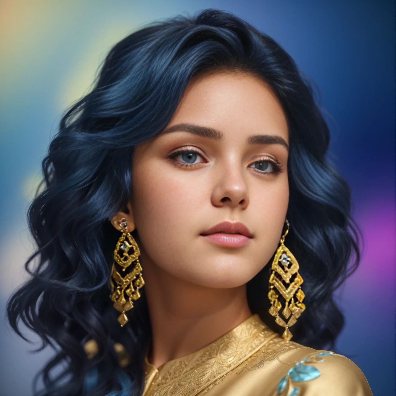 a gorgeous 12 year-old girl wearing expensive earrings, beautiful wavy blue hair, extremely detailed, 4k, perfect face