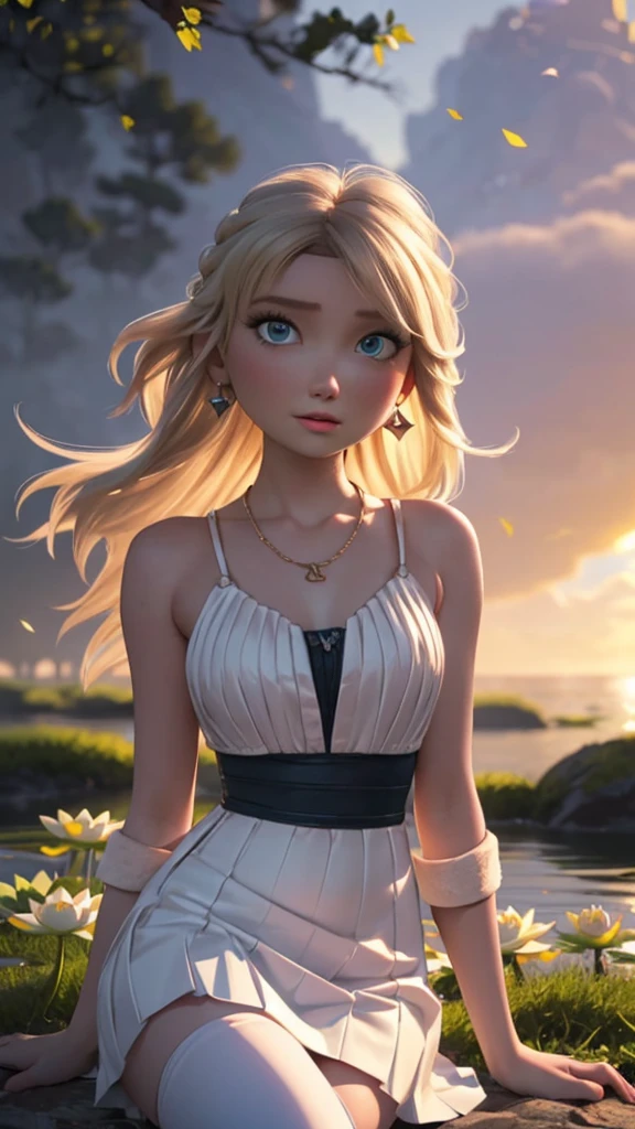 (ultra realistic,32k, masterpiece:1.2),(high detailed skin:1.1),( high quality:1.1), 
Astrid, very long wavy hair, blond hair, long bangs, elegant fringe, realistic big eyes, slim face, egirl makeup, long eyelashes, plump botox lips,  sexy closed lips, Orgasm face, sex joy, white rose in hair, sexy supermodel body, Looking into camera, tall girl, slim fit figure, astral diamond necklace, smooth white dress, dress with black details, white smooth skirt, no strings, bare shoulders, black details on top, thigh transparent highs, hoop earrings, Romantic photo, sitting on black rock, white lotus flower field, fog, flying anime particles, realistic maledives' water, small waves, outside, floating pink flowers, night, warm lights, perfect realistic shading, intensive chromatic effect, rays of the sun, detailed background,,(looking at viewer, sitting, from bellow:1.1),, (hard exposed breast,round breast,:0.9),(volumetric lighting:1.1),