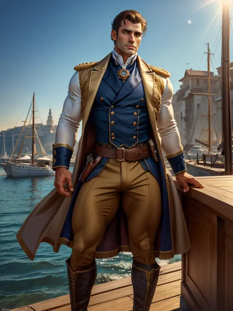 masterpiece stunning beautiful tanned masculine man, wearing regency navy uniform, no hat, ((sunny harbor background)), black ve...