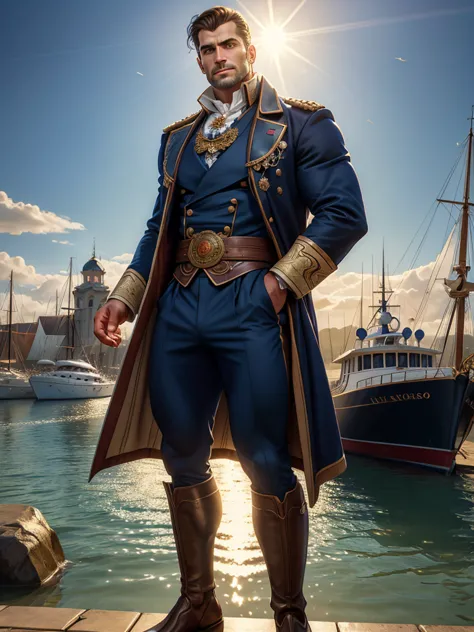 masterpiece stunning beautiful tanned masculine man, wearing regency navy uniform, no hat, ((sunny harbor background)), black ve...