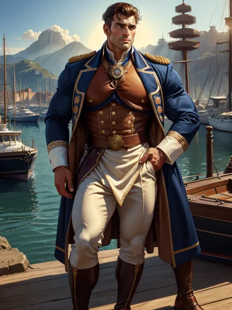 masterpiece stunning beautiful tanned masculine man, wearing regency navy uniform, no hat, ((sunny harbor background)), black ve...