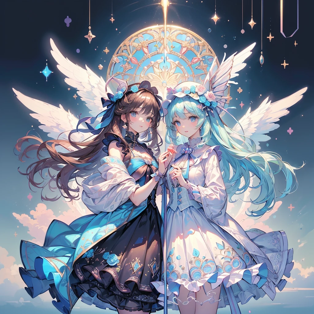 1girl,(((Super detailed、Masterpiece、Highest quality、High resolution、Exquisite、beautiful、The best dynamic composition)))、（Soft thin lines:1.3,Beautiful, delicate and cute face）、View the viewers、Light blue palette、It has cute wings like an angel or a fairy.、🎀、race、Frills、