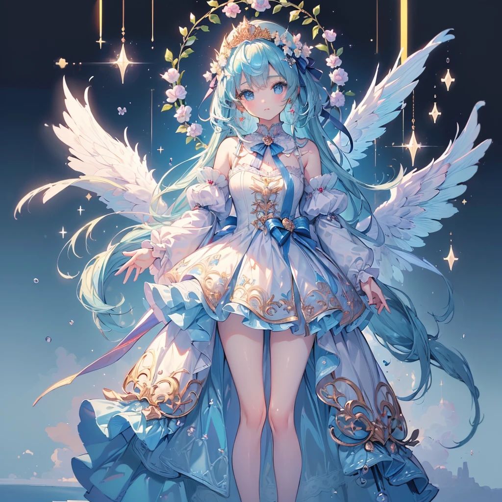 1girl,(((Super detailed、Masterpiece、Highest quality、High resolution、Exquisite、beautiful、The best dynamic composition)))、（Soft thin lines:1.3,Beautiful, delicate and cute face）、View the viewers、Light blue palette、It has cute wings like an angel or a fairy.、🎀、race、Frills、