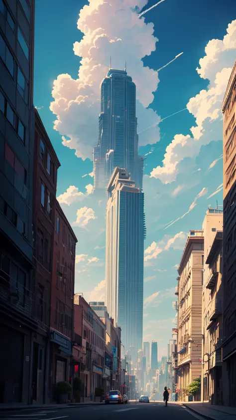 a vast landscape photo (view from below, with sky and buildings visible) there is a young man looking up at the sky. street fash...