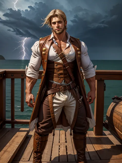 a young pirate with a muscular build and tanned fair skin. strikingly white short hair fluttering in the wind. beautiful young p...