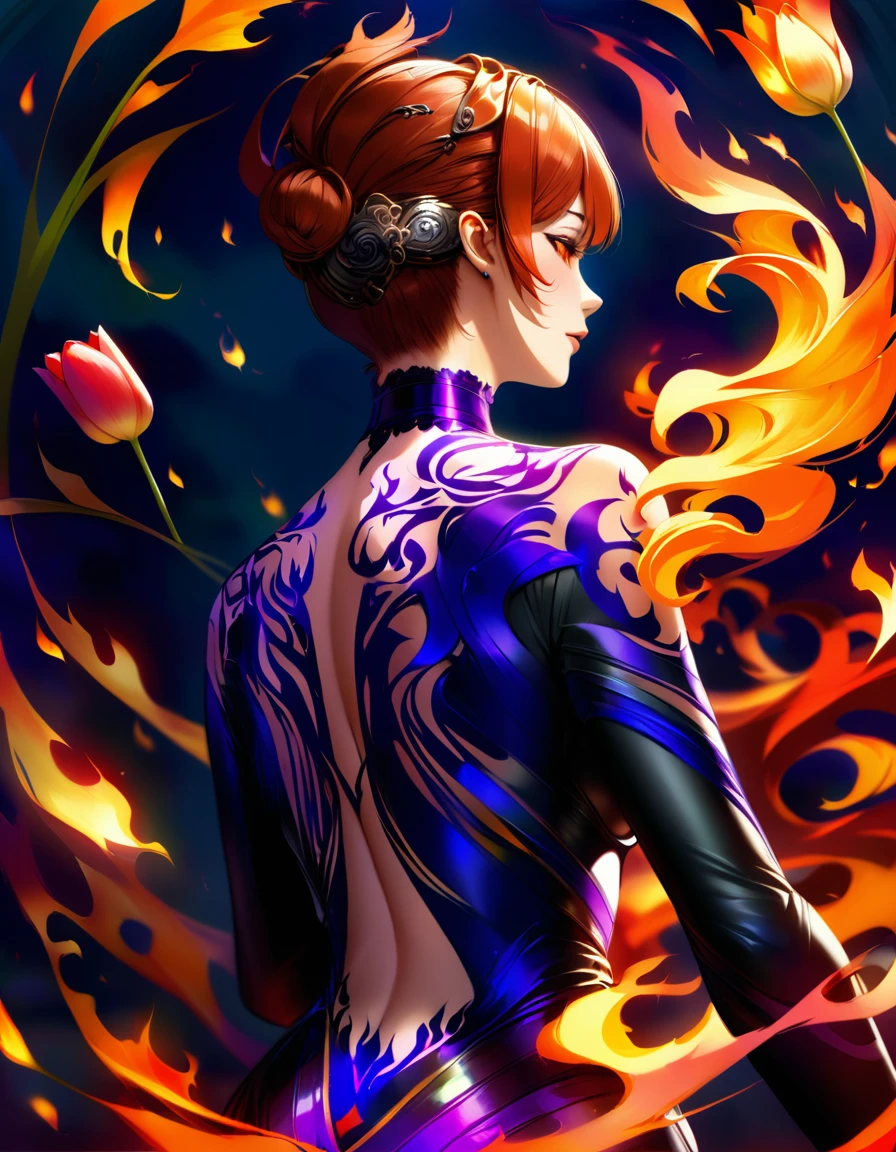 Arafed, Dark fantasy art, fantasy art, goth art, a picture of a tattoo on the back of a female elf, a glowing tattoo of a ((tulip: 1.3)) on the elf's back, the ((tulip tattoo: 1.3)) is vivid, intricate detailed,  GlowingRunesAI_purple, ((fire surrounds the tulip: 1.5)), shot taken from the back, ((the back is visible: 1.3), she wears a transparent red dress, the dress is elegant, flowing, elven style, that the tattoos glow, dynamic hair color, dynamic hair style,  vibrant, Ultra-high resolution, High Contrast, (masterpiece:1.5),  highest quality, Best aesthetics, best details, best quality, highres, 16k, (ultra detailed: 1.5), masterpiece, best quality, (extremely detailed) RAW, (ultra details, Masterpiece, best quality) faize, Digital Painting, 