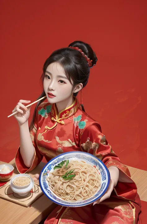 arafed asian woman in a red dress eating noodles with chopsticks, eating noodles, dressed in ancient chinese costumes, wearing a...