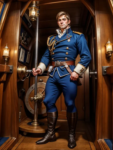 standing at the wheel of a 18th century british war ship, lucasknight, wearing the uniform of an 18th century british commodore,...