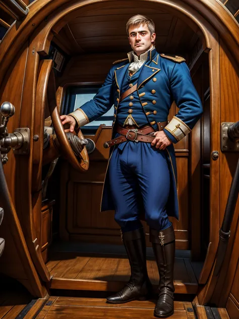 standing at the wheel of a 18th century british war ship, lucasknight, wearing the uniform of an 18th century british commodore,...