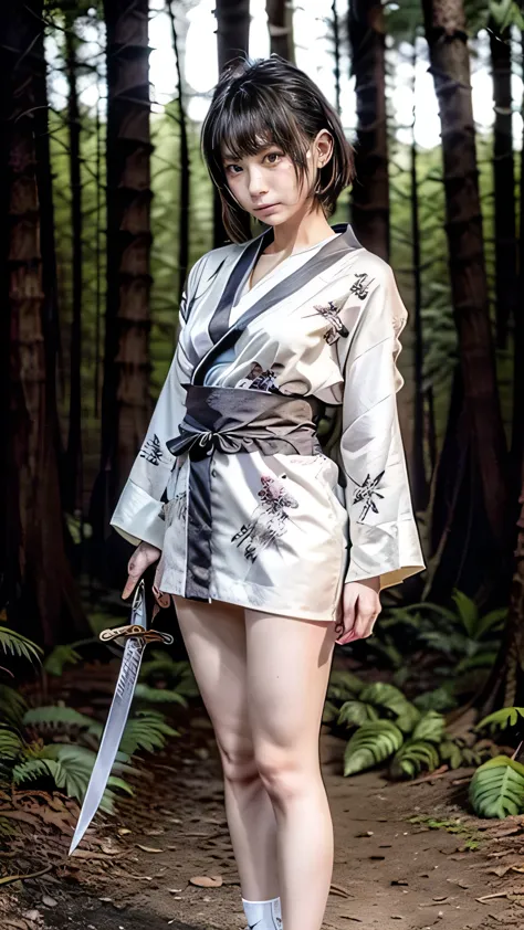 (was:1.3、((A female ninja standing with a weapon in the forest:1.5)、With background)、(Female ninja with a sword:1.5))、(Realistic...