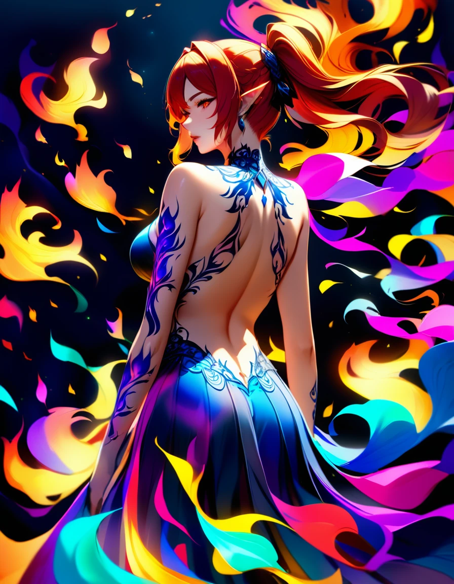 Arafed, Dark fantasy art, fantasy art, goth art, a picture of a tulip tattoo on the back of a female elf, a glowing tattoo of a ((tulip: 1.3)) on the elf's back, the ((tulip tattoo: 1.3)) is vivid, intricate detailed,  GlowingRunesAI_purple, ((fire surrounds the tulip: 1.5)), shot taken from the back, ((the back is visible: 1.3), she wears a transparent red dress, the dress is elegant, flowing, elven style, that the tattoos glow, dynamic hair color, dynamic hair style,  vibrant, Ultra-high resolution, High Contrast, (masterpiece:1.5),  highest quality, Best aesthetics, best details, best quality, highres, 16k, (ultra detailed: 1.5), masterpiece, best quality, (extremely detailed) RAW, (ultra details, Masterpiece, best quality) faize, Digital Painting, 