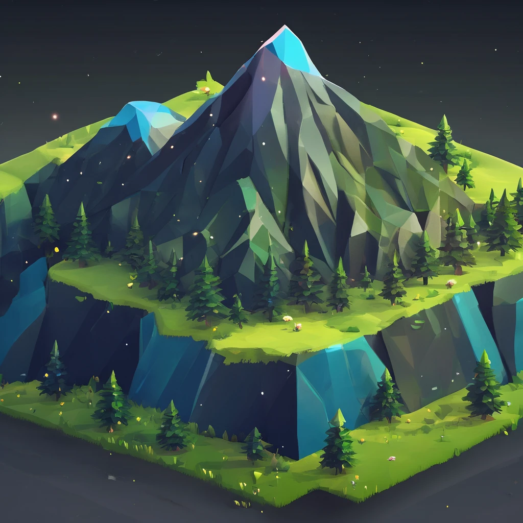 ((masterpiece, best quality)), absurdres, Isometric_Setting, woods, small mountains, grassfield, space and stars background