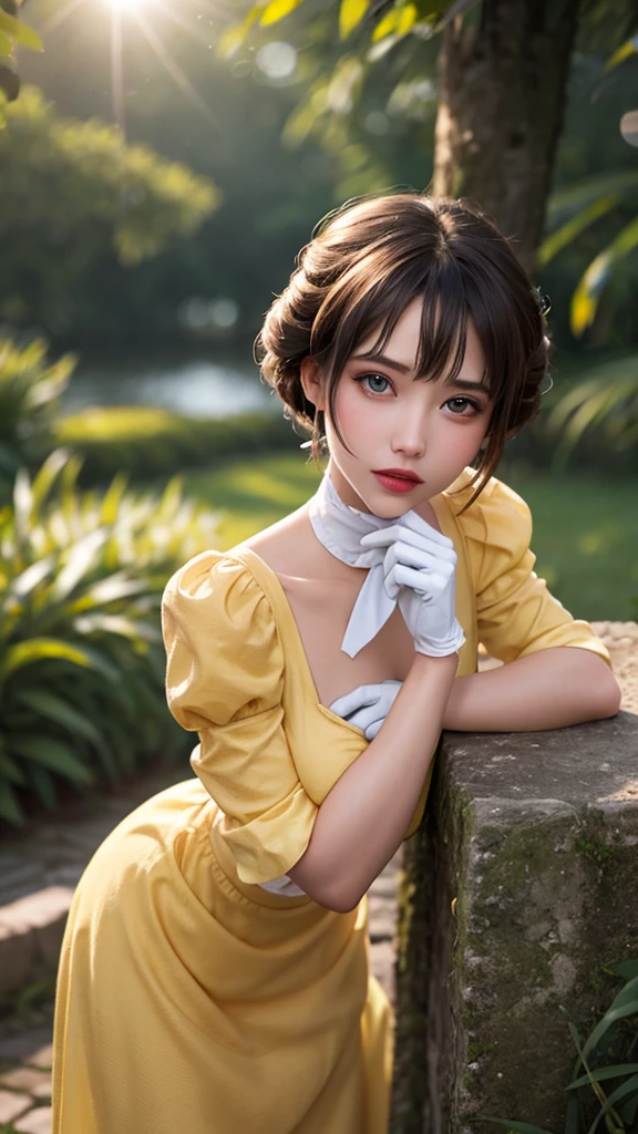 masterpiece, best quality, outdoors, lens flare, depth of field, 1girl, solo, looking at viewer, breasts, janeporter, short hair, hair bun, yellow dress, long dress, puffy sleeves, ascot, white gloves, cowboy shot