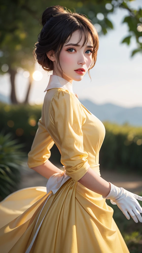 masterpiece, best quality, outdoors, lens flare, depth of field, 1girl, solo, looking at viewer, breasts, janeporter, short hair, hair bun, yellow dress, long dress, puffy sleeves, ascot, white gloves, cowboy shot