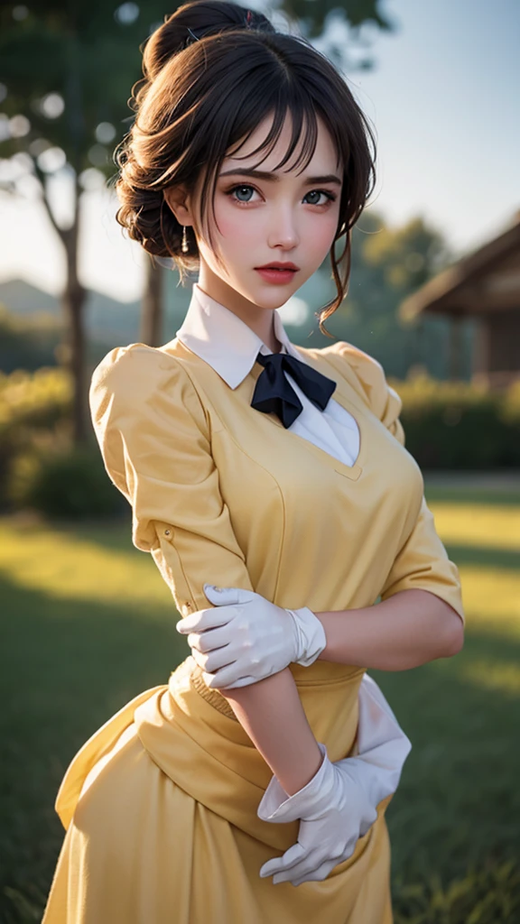 masterpiece, best quality, outdoors, lens flare, depth of field, 1girl, solo, looking at viewer, breasts, janeporter, short hair, hair bun, yellow dress, long dress, puffy sleeves, ascot, white gloves, cowboy shot